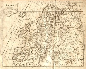 Carte d'Europe dressée en 1759 basée sur le méridien d'El Hierro.