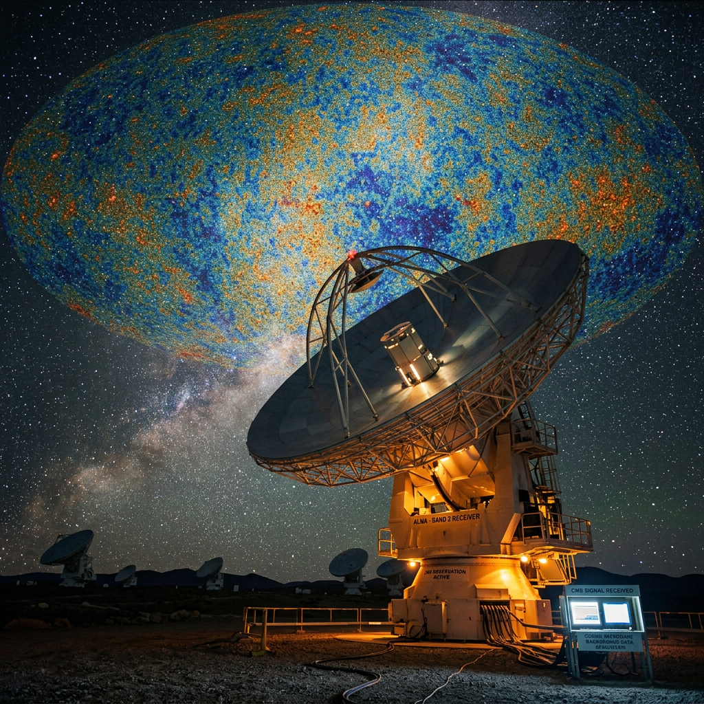 Radio telescope dish under night sky with cosmic microwave background map overlay
