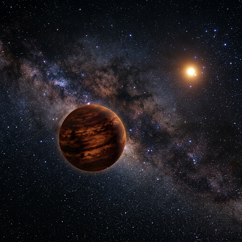 Rocky exoplanet with brown clouds near a bright star and dense star field