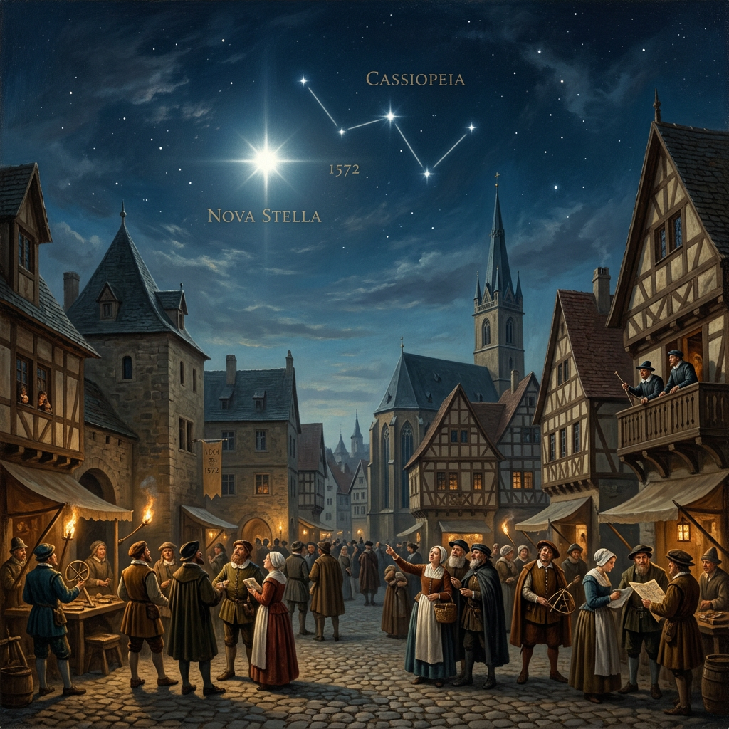 Medieval marketplace labeled CASSIOPEIA, NOVA STELLA, and 1572