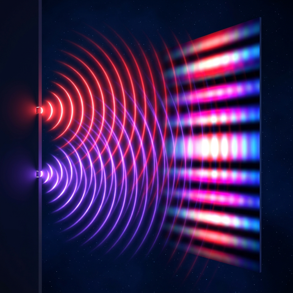 Two glowing sources emit overlapping red and violet waves toward a colorful screen